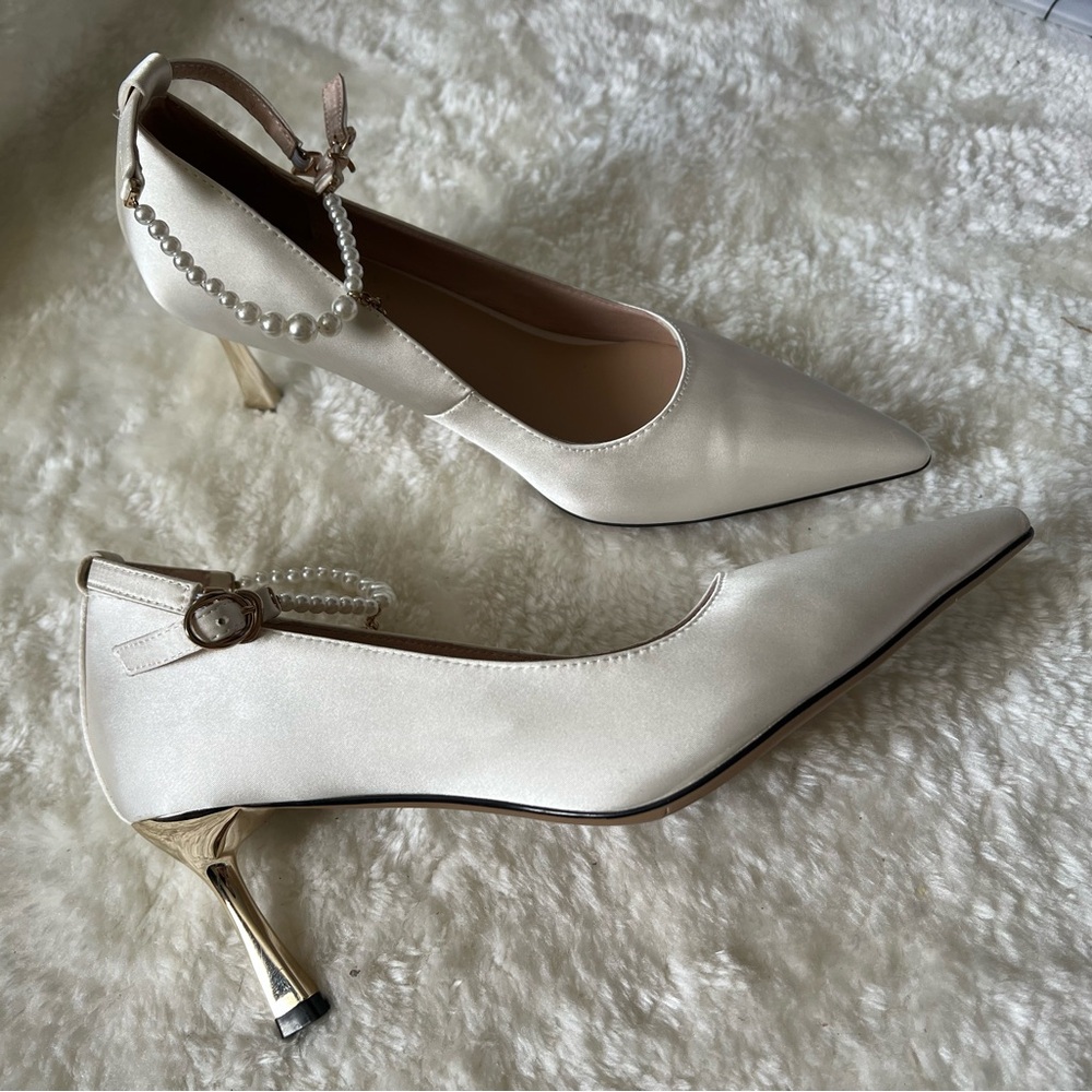 Elegant Cream Heels with Pearl Ankle Strap